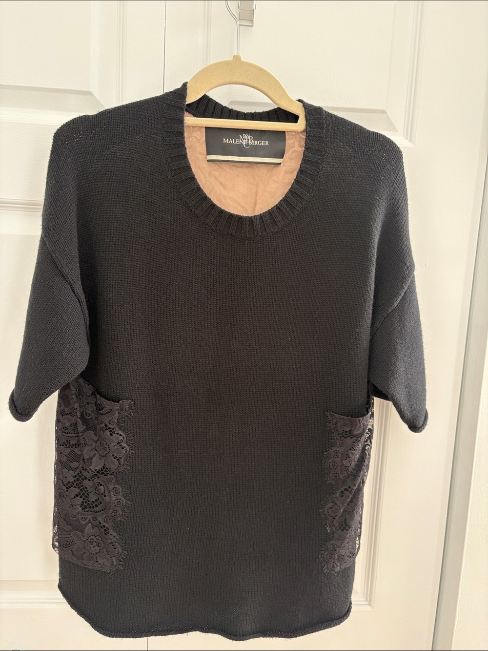 By Malene Birger Black Crewneck Short-Sleeve Sweater with Lace Pockets